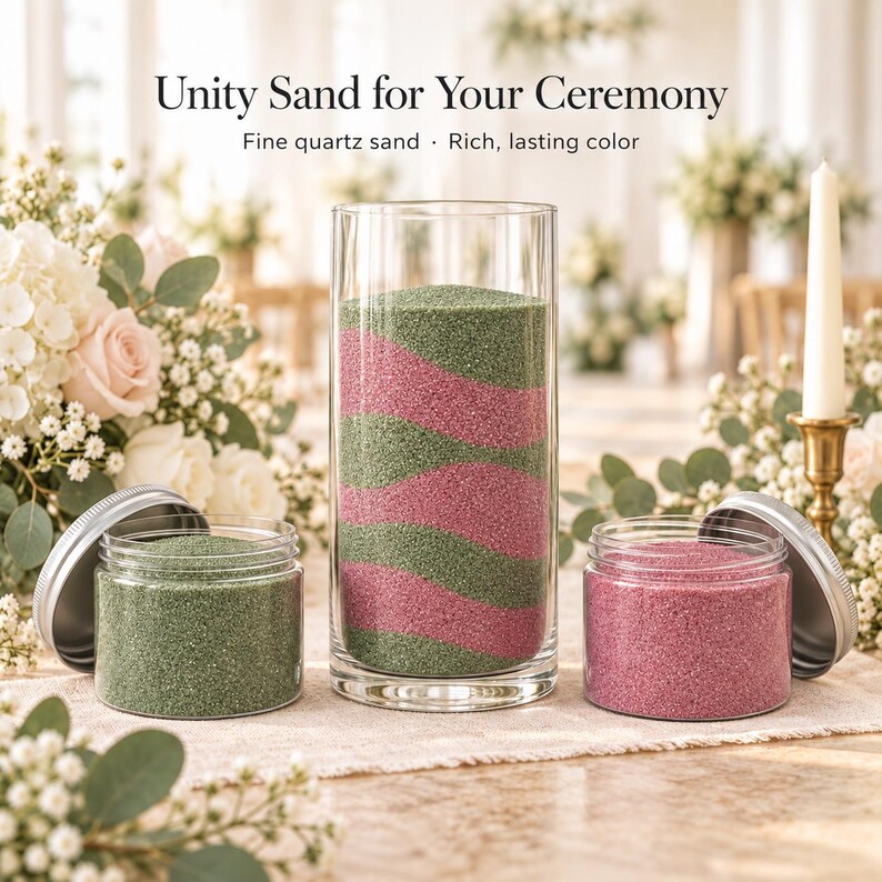 Unity sand ceremony setup featuring layered green and pink colored quartz sand in a glass cylinder container, suitable for dry terrarium and decor.