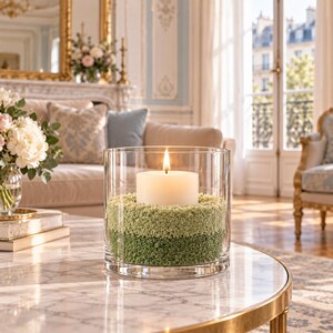 White pillar candle in a glass cylinder vase with light green and dark green sand layers on a marble table