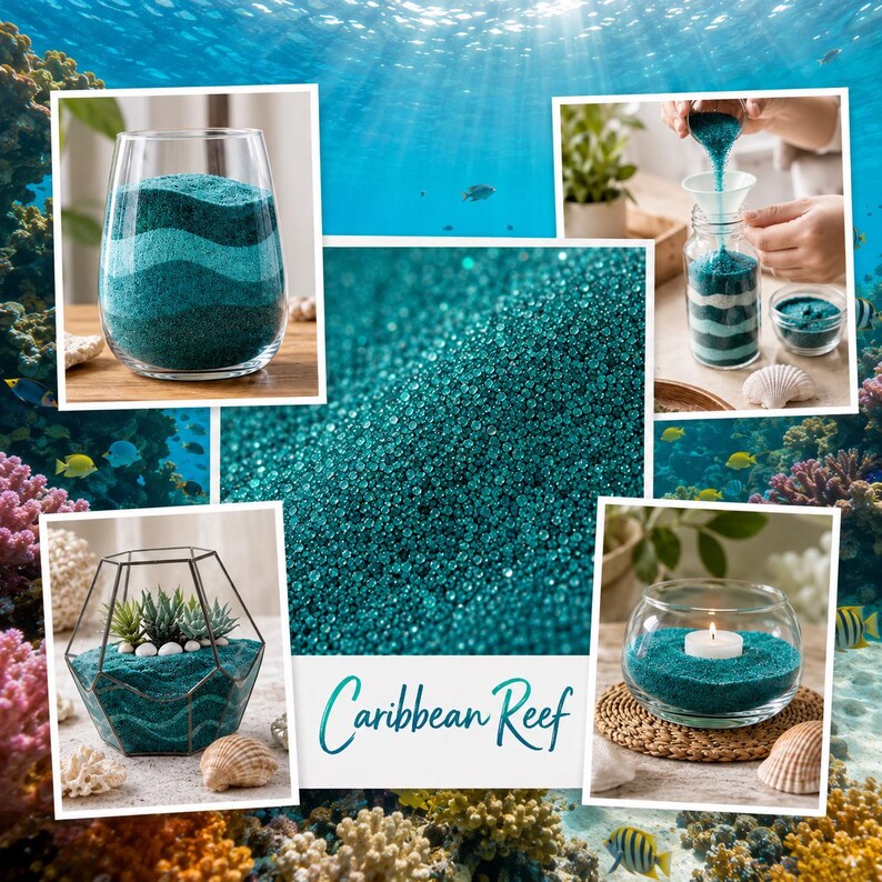 Caribbean Reef teal quartz sand collage showing layered sand art, pouring into a bottle, dry terrarium decor, candle decor, and a macro grain close-up against an underwater coral reef background