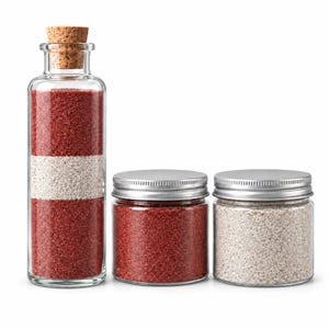 Tall cork-stoppered glass bottle filled with three layers of quartz sand in the colors of the Latvian flag, Wild Berry carmine red at the bottom, a narrower Sea Pearl white band in the middle and Wild Berry on top, next to two closed clear jars with silver metal screw lids, one with Wild Berry and one with Sea Pearl sand, on a white background.