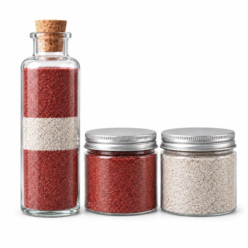 Tall cork-stoppered glass bottle filled with three layers of quartz sand in the colors of the Latvian flag, Wild Berry carmine red at the bottom, a narrower Sea Pearl white band in the middle and Wild Berry on top, next to two closed clear jars with silver metal screw lids, one with Wild Berry and one with Sea Pearl sand, on a white background.