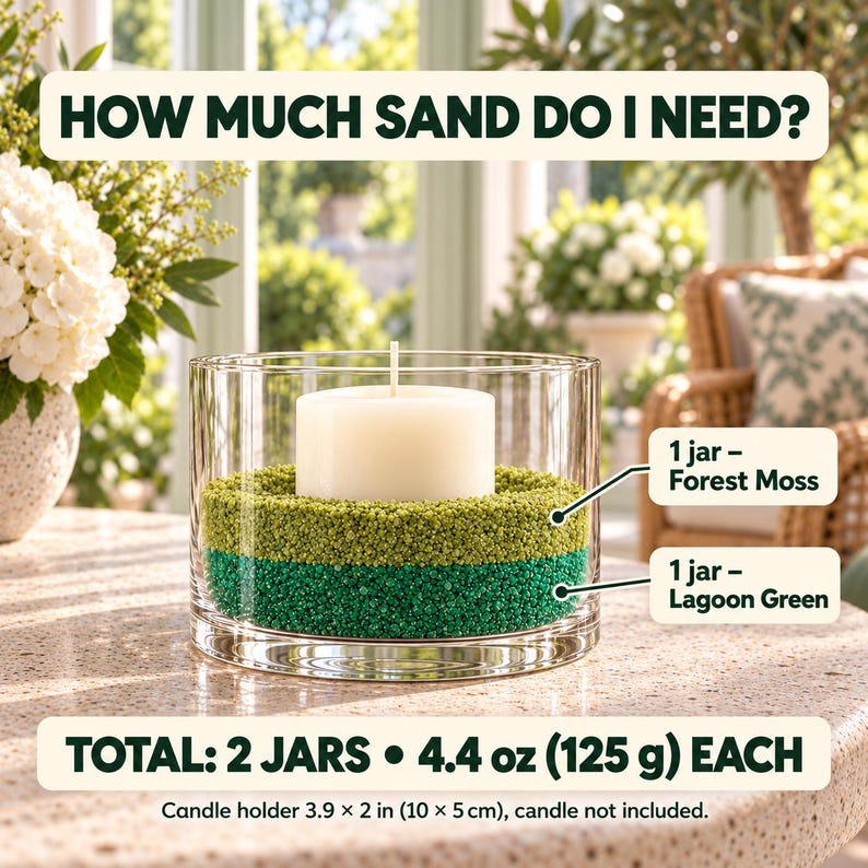 Sand quantity guide showing a glass candle holder with a white pillar candle, filled with two layers of quartz sand, one jar each: Lagoon Green emerald at the bottom and Forest Moss olive green on top. Text: total 2 jars, 4.4 oz (125 g) each, candle holder 10 x 5 cm (3.9 x 2 in), candle not included.