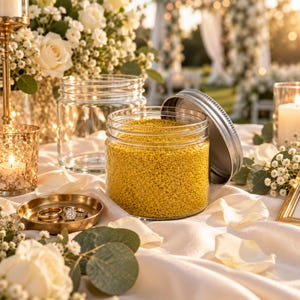 Open jar of Golden Saffron yellow craft sand on a wedding table with an empty jar, rings, white roses, and candles