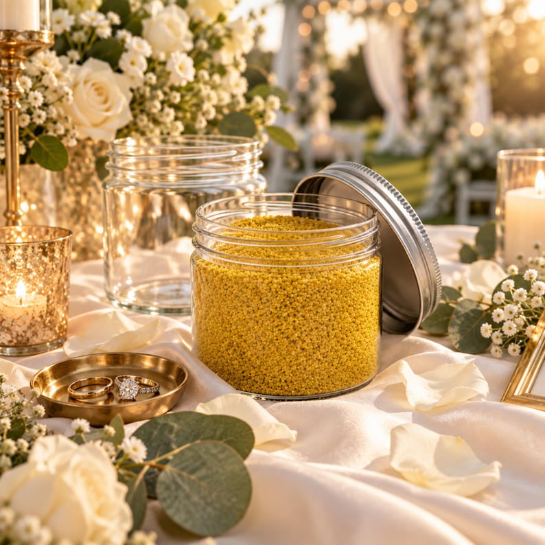 Open jar of Golden Saffron yellow craft sand on a wedding table with an empty jar, rings, white roses, and candles