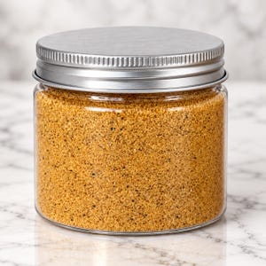 Clear plastic jar filled with Amber Gold colored quartz sand and a screw-on metal lid,
perfect for dry terrarium crafts and home decor.