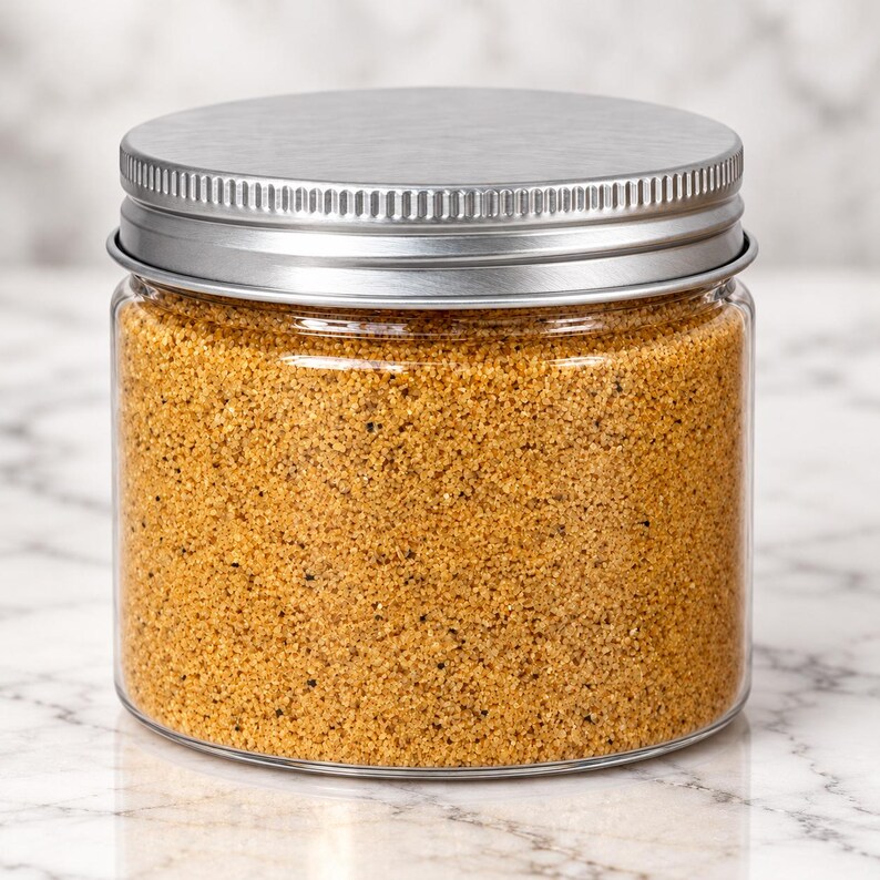 Clear plastic jar filled with Amber Gold colored quartz sand and a screw-on metal lid,
perfect for dry terrarium crafts and home decor.