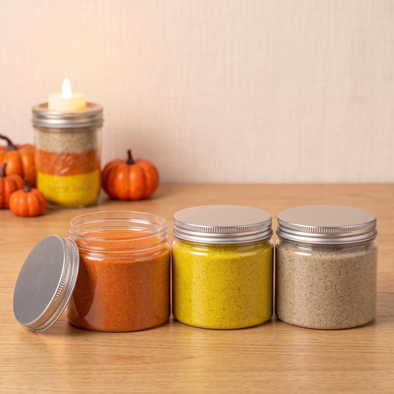 Autumn and Halloween themed display featuring three jars of orange, yellow, and beige colored quartz sand on a wooden surface with mini pumpkins and a candle jar, ideal for dry terrarium crafts.
