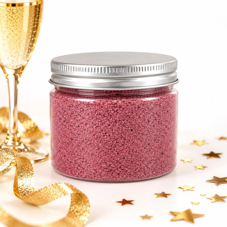 Closed clear jar of Raspberry Bloom colored quartz sand in a soft raspberry pink, with a silver metal screw lid, next to a glass of sparkling champagne, a curled gold glitter ribbon and scattered gold star confetti, on a white background.