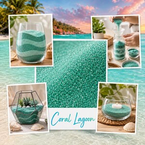 Collage of Coral Lagoon sand project ideas: layered vase, sand art jar, geometric terrarium, and tealight candle holder