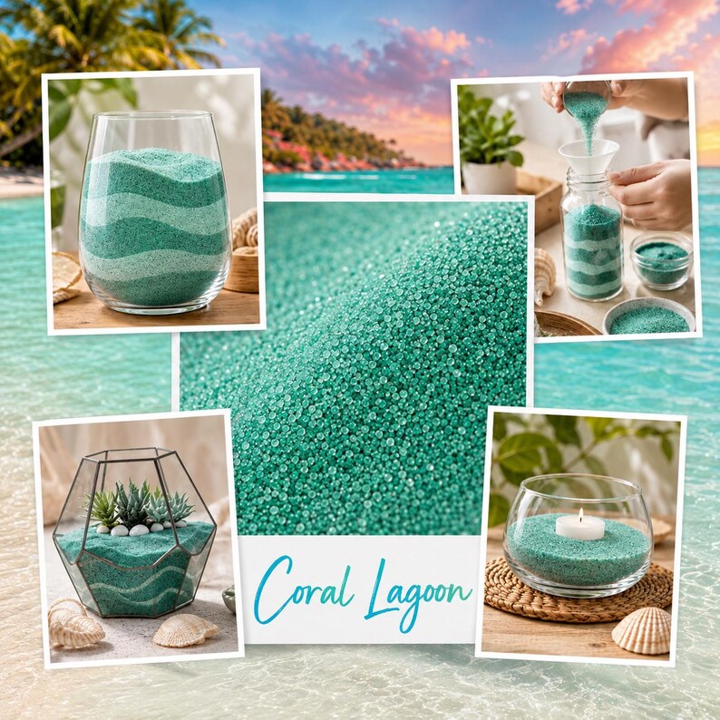 Collage of Coral Lagoon sand project ideas: layered vase, sand art jar, geometric terrarium, and tealight candle holder