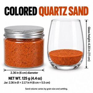 Closed clear jar of Autumn Ember colored quartz sand in a bright orange, with a silver metal screw lid, next to a stemless wine glass with a layer of the same sand at the bottom. Text: Colored Quartz Sand, Net Wt. 125 g (4.4 oz), jar 2.36 in diameter x 2.17 in high (6 x 5.5 cm), glass height 4.33 in (11 cm), sand volume varies by grain size and settling.