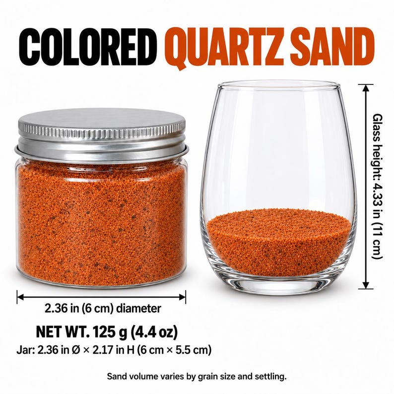 Closed clear jar of Autumn Ember colored quartz sand in a bright orange, with a silver metal screw lid, next to a stemless wine glass with a layer of the same sand at the bottom. Text: Colored Quartz Sand, Net Wt. 125 g (4.4 oz), jar 2.36 in diameter x 2.17 in high (6 x 5.5 cm), glass height 4.33 in (11 cm), sand volume varies by grain size and settling.