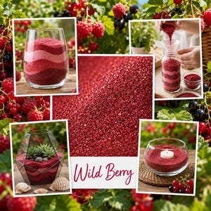 Collage of craft ideas with Wild Berry red quartz sand in a sunny berry garden: a vase with wavy red and pink layers, sand being poured through a funnel into a jar, a geometric terrarium with succulents and seashells, a glass candle holder with a tealight, and a close-up of the sand with the color name.