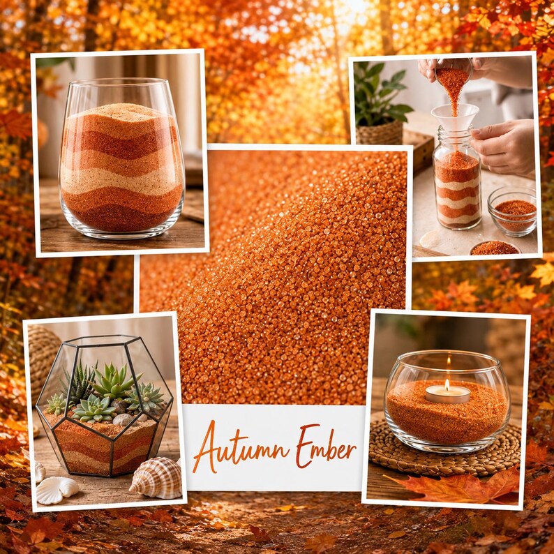 Collage of Autumn Ember sand project ideas: layered vase, sand art jar, geometric dry terrarium, and tealight candle holder