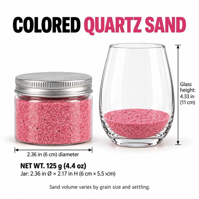 Closed clear jar of Raspberry Bloom colored quartz sand in a soft pink, with a silver metal screw lid, next to a stemless wine glass with a layer of the same sand at the bottom. Text: Colored Quartz Sand, Net Wt. 125 g (4.4 oz), jar 2.36 in diameter x 2.17 in high (6 x 5.5 cm), glass height 4.33 in (11 cm), sand volume varies by grain size and settling.