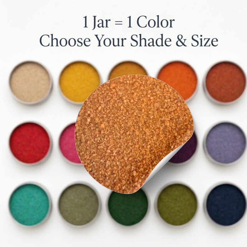 Autumn Ember sand swatch shown over a grid of 15 sand colors, text reads 1 Jar = 1 Color, Choose Your Shade and Size