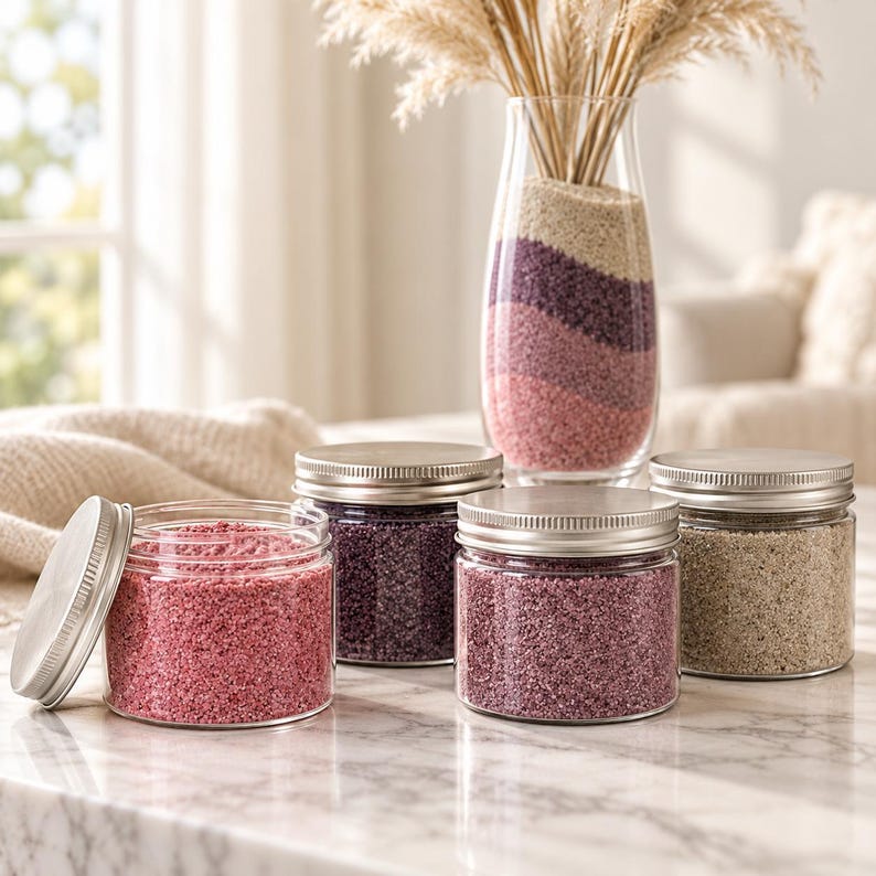 Assorted jars of colorful quartz sand in pink, purple, and beige shades arranged on a table
with a decorative vase, perfect for dry terrarium crafts.