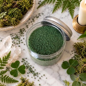 Open jar of Forest Moss green craft sand on white marble with ferns, moss, clover leaves, and a quartz crystal