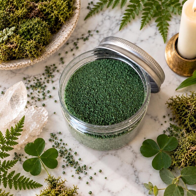 Open jar of Forest Moss green craft sand on white marble with ferns, moss, clover leaves, and a quartz crystal