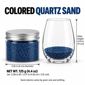 Closed clear jar of Ocean Depth colored quartz sand in a royal blue, with a silver metal screw lid, next to a stemless wine glass with a layer of the same sand at the bottom. Text: Colored Quartz Sand, Net Wt. 125 g (4.4 oz), jar 2.36 in diameter x 2.17 in high (6 x 5.5 cm), glass height 4.33 in (11 cm), sand volume varies by grain size and settling.