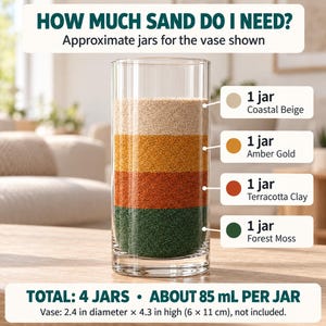 Sand quantity guide showing a tall cylindrical glass vase filled with four layers of colored quartz sand, one jar each: Forest Moss green at the bottom, then Terracotta Clay, Amber Gold and Coastal Beige on top. Text: total 4 jars, about 85 mL per jar, vase 6 x 11 cm (2.4 x 4.3 in), vase not included.