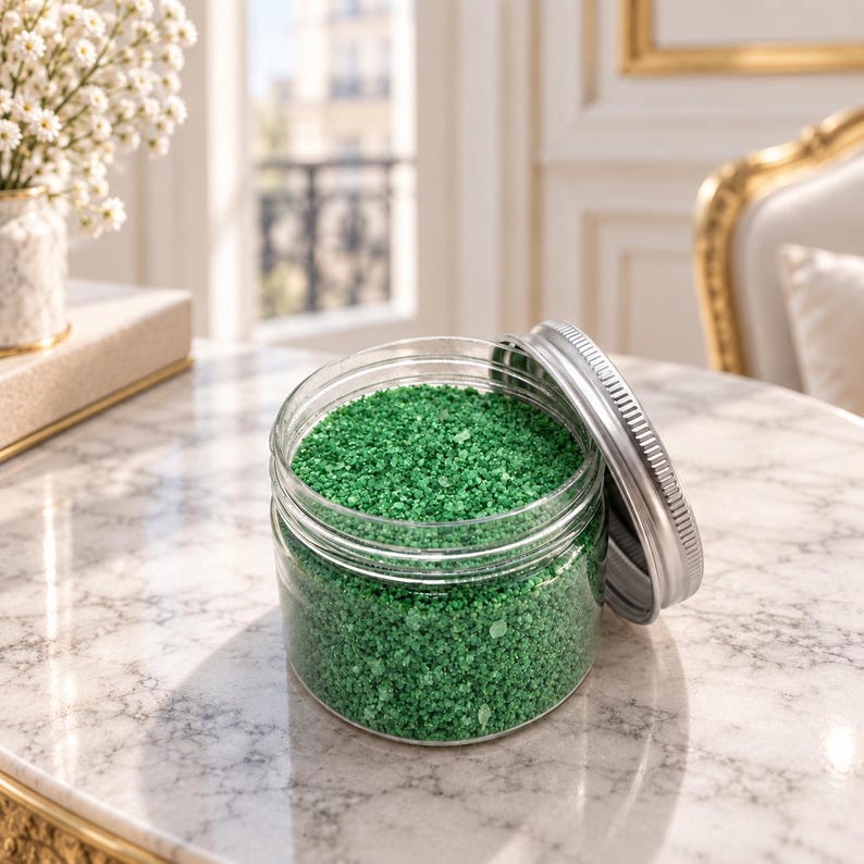 Open jar of Lagoon Green craft sand on a marble table in a bright room with white flowers