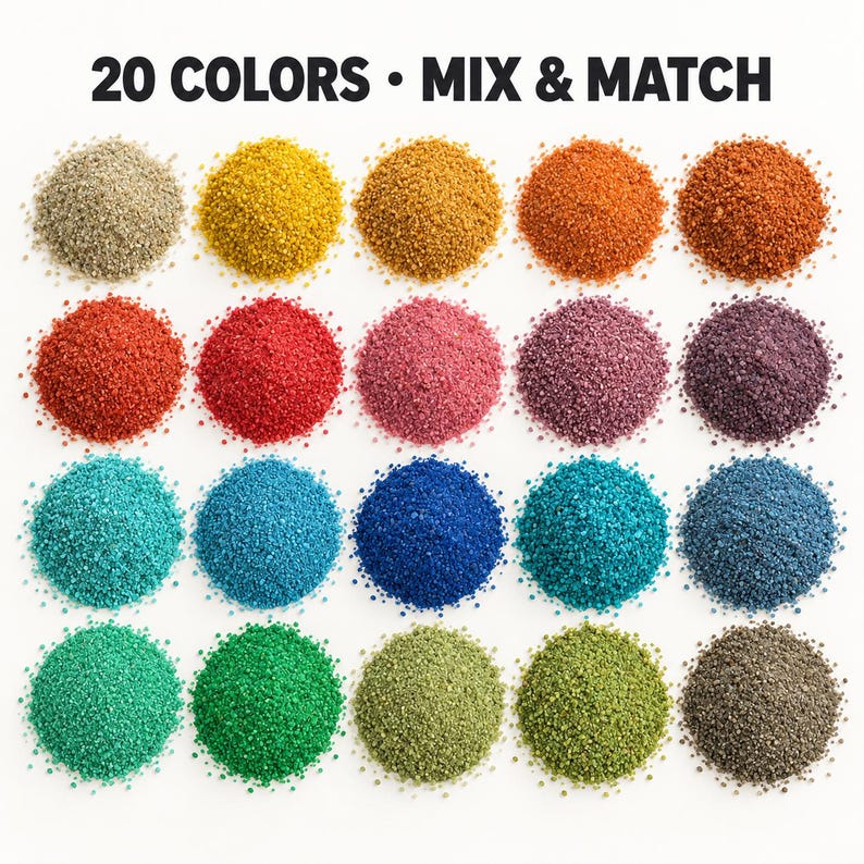Color chart of 20 piles of loose colored quartz sand on a white background in four rows, from beige, yellow, gold and orange to red, pink, mauve, plum, turquoise, blues, teal, greens, olive and charcoal grey, showing the fine grain texture. Text: 20 Colors, Mix and Match.