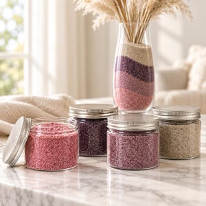 Assorted jars of colorful quartz sand in pink, purple, and beige shades arranged on a table
with a decorative vase, perfect for dry terrarium crafts.