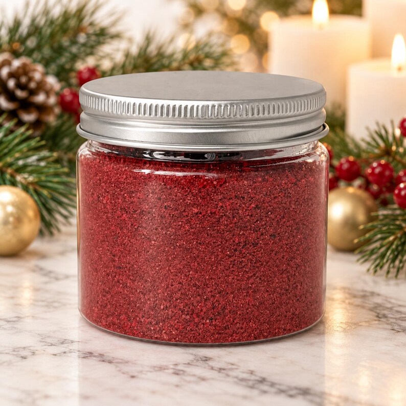 Closed clear jar of deep red colored quartz sand with a silver metal screw lid on a marble surface, surrounded by pine branches, a pine cone, red berries, gold ornaments and lit white candles.