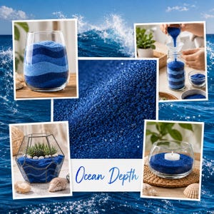 Collage of craft ideas with Ocean Depth blue quartz sand on an ocean wave background: a vase with wavy blue sand layers, sand being poured through a funnel into a jar, a geometric dry terrarium with succulents, a glass candle holder with a tealight, and a close-up of the sand with the color name.