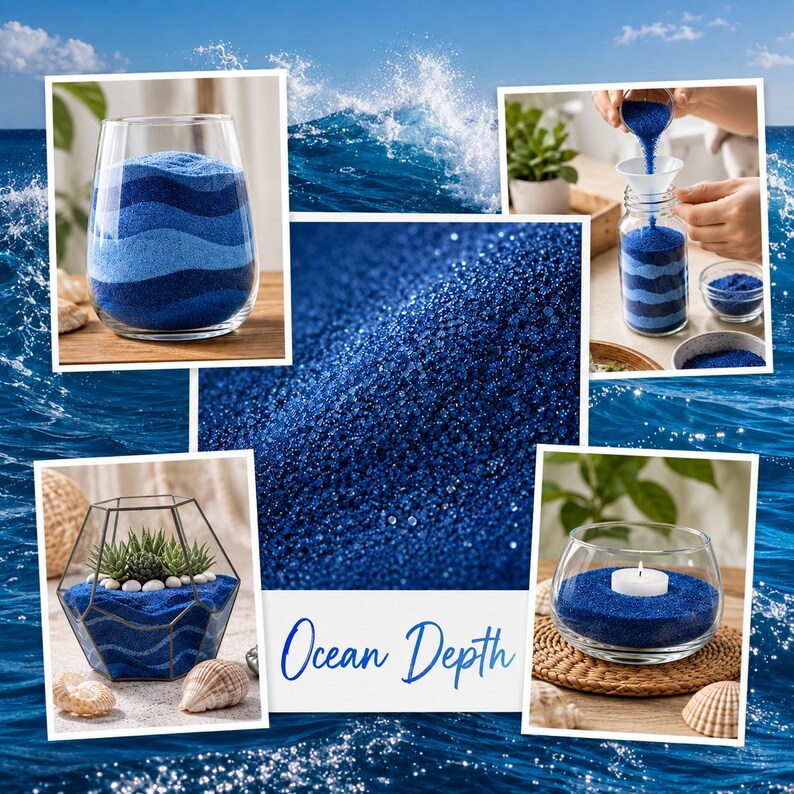 Collage of craft ideas with Ocean Depth blue quartz sand on an ocean wave background: a vase with wavy blue sand layers, sand being poured through a funnel into a jar, a geometric dry terrarium with succulents, a glass candle holder with a tealight, and a close-up of the sand with the color name.