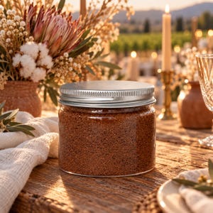 Closed clear jar of Terracotta Clay colored quartz sand with a silver metal screw lid on a rustic wooden table, surrounded by a protea and cotton bouquet in a terracotta vase, lit candles in brass holders, linen and crystal glasses, with vineyards in the sunset background.