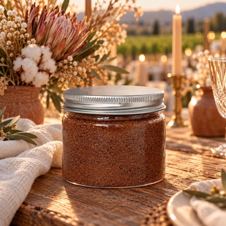 Closed clear jar of Terracotta Clay colored quartz sand with a silver metal screw lid on a rustic wooden table, surrounded by a protea and cotton bouquet in a terracotta vase, lit candles in brass holders, linen and crystal glasses, with vineyards in the sunset background.