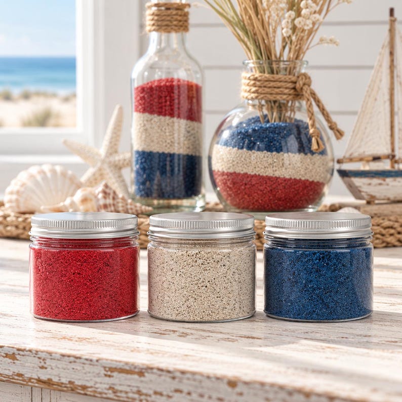 Photo 5 – Coastal shelf	Three jars of red, white, and blue craft sand in front of a bottle and vase with striped sand layers and a toy sailboat