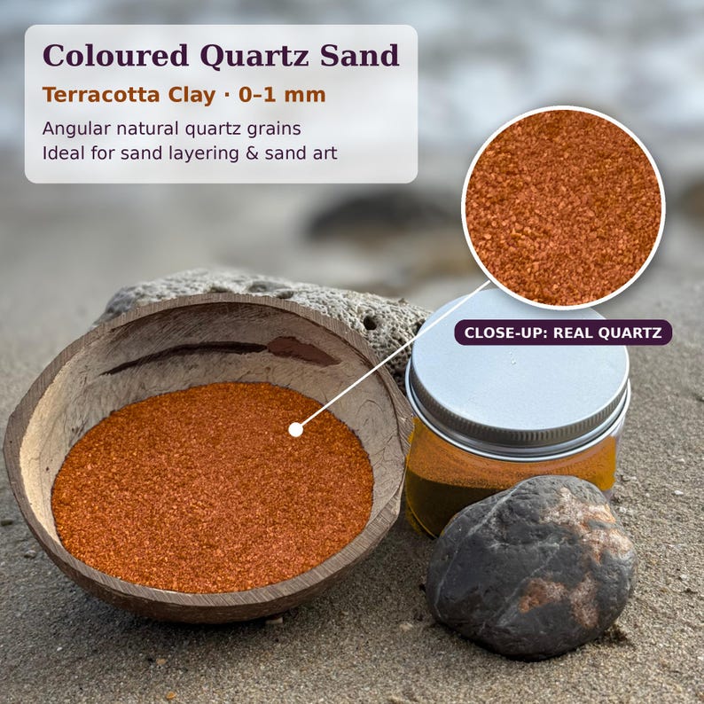 Coloured quartz sand in Terracotta Clay shade, 0-1 mm grain size, displayed in a coconut
bowl on sand, ideal for dry terrarium and sand art.