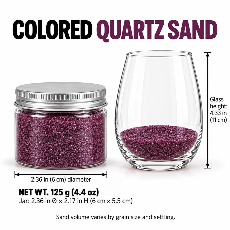 Closed clear jar of Plum Velvet colored quartz sand with a silver metal screw lid, next to a stemless wine glass with a layer of the same sand at the bottom. Text: Colored Quartz Sand, Net Wt. 125 g (4.4 oz), jar 2.36 in diameter x 2.17 in high (6 x 5.5 cm), glass height 4.33 in (11 cm), sand volume varies by grain size and settling.