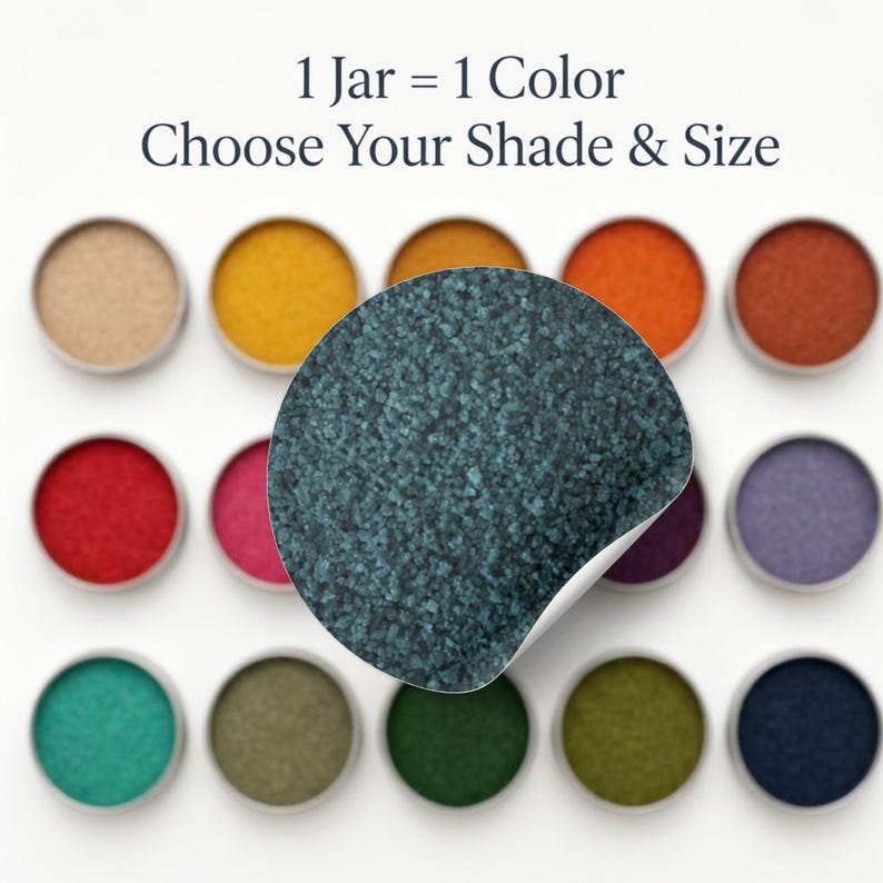 Caribbean Reef teal quartz sand highlighted among multiple colored sand shades with the text ‘1 Jar = 1 Color, Choose Your Shade & Size