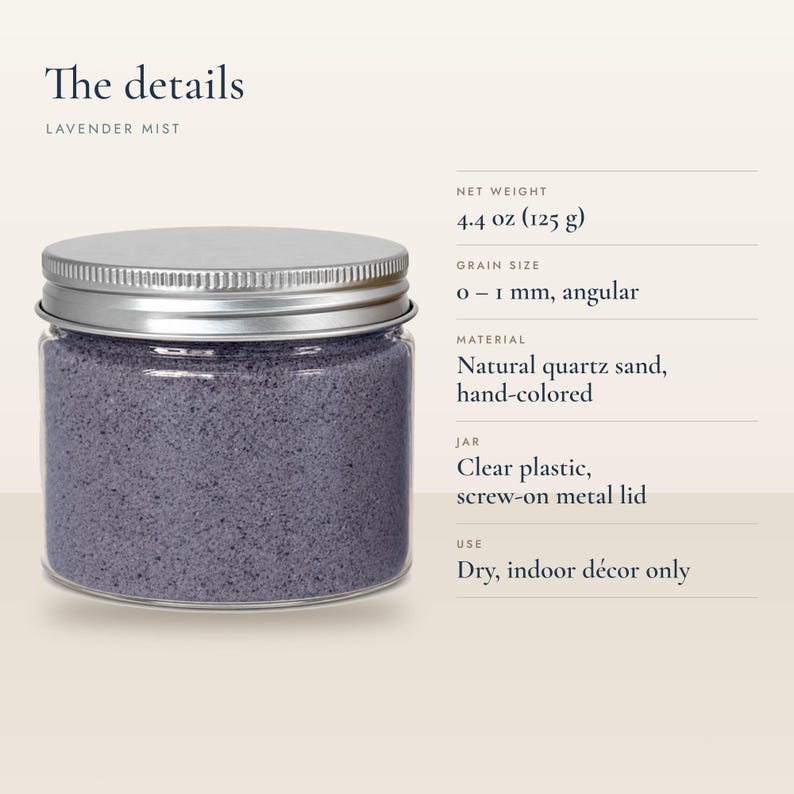 Jar of Lavender Mist craft sand, text lists 4.4 oz (125 g), angular 0-1 mm grains, natural quartz sand, dry indoor decor only