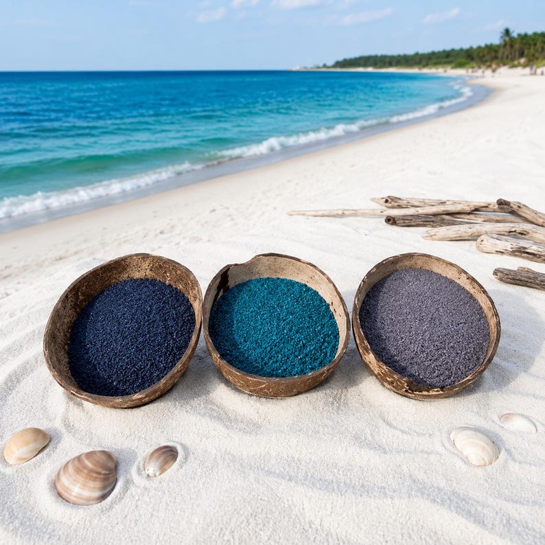 Three coconut shell bowls of navy, teal, and gray-purple craft sand on a white sand beach with seashells and driftwood