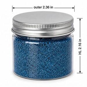 Jar of Blue Lagoon craft sand with size lines showing 2.36 inches wide and 2.16 inches tall