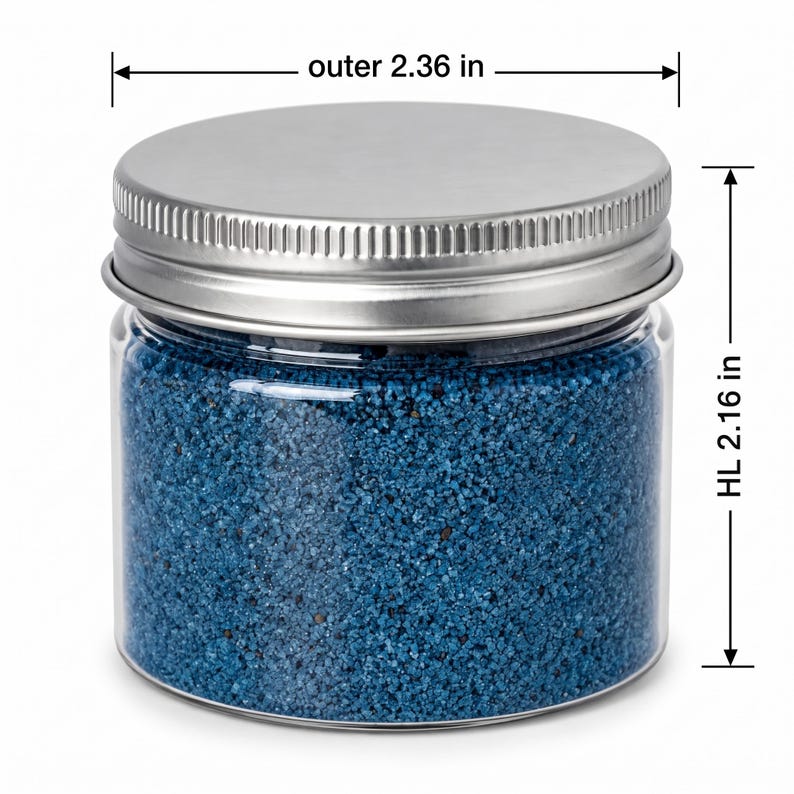 Jar of Blue Lagoon craft sand with size lines showing 2.36 inches wide and 2.16 inches tall