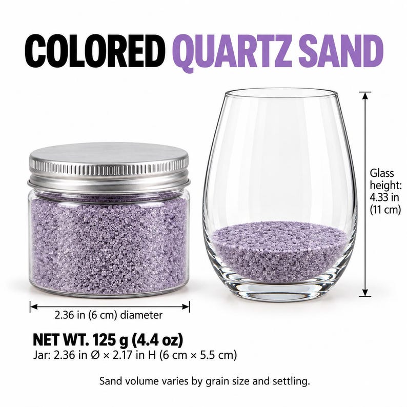 Closed clear jar of Lavender Mist colored quartz sand in a light lavender, with a silver metal screw lid, next to a stemless wine glass with a layer of the same sand at the bottom. Text: Colored Quartz Sand, Net Wt. 125 g (4.4 oz), jar 2.36 in diameter x 2.17 in high (6 x 5.5 cm), glass height 4.33 in (11 cm), sand volume varies by grain size and settling.