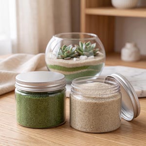 Jars of green and beige craft sand in front of a glass bowl terrarium with green and beige sand layers and faux succulents