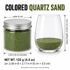 Closed clear jar of Olive Grove colored quartz sand in an olive green, with a silver metal screw lid, next to a stemless wine glass with a layer of the same sand at the bottom. Text: Colored Quartz Sand, Net Wt. 125 g (4.4 oz), jar outer diameter 2.36 in (6 cm), height 2.17 in (5.5 cm), glass height 4.33 in (11 cm), sand volume varies by grain size and settling.
