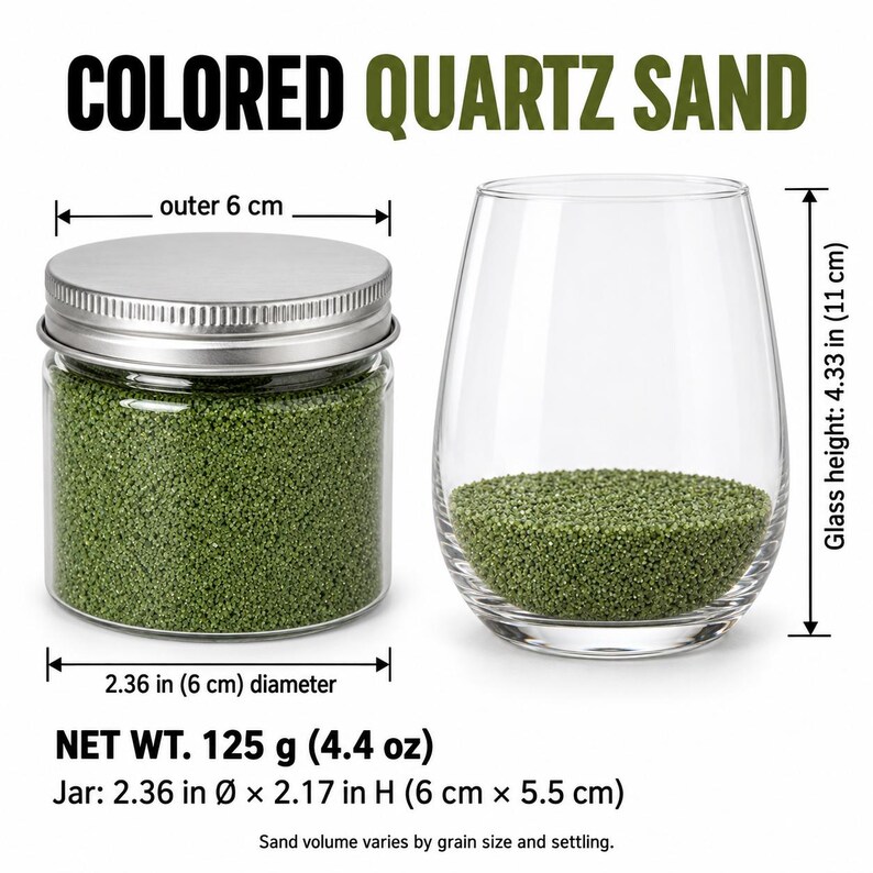Closed clear jar of Olive Grove colored quartz sand in an olive green, with a silver metal screw lid, next to a stemless wine glass with a layer of the same sand at the bottom. Text: Colored Quartz Sand, Net Wt. 125 g (4.4 oz), jar outer diameter 2.36 in (6 cm), height 2.17 in (5.5 cm), glass height 4.33 in (11 cm), sand volume varies by grain size and settling.