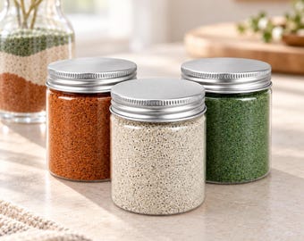 May include: Three clear glass jars with silver metal screw-top lids. Each jar is filled with a different coloured granular substance: one with orange, one with off-white, and one with green particles. The jars are arranged in a cluster.