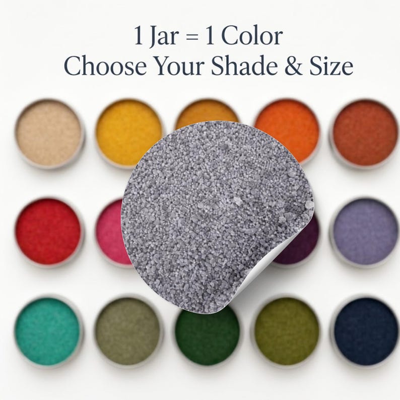 Lavender Mist sand swatch shown over a grid of 15 sand colors, text reads 1 Jar = 1 Color, Choose Your Shade and Size