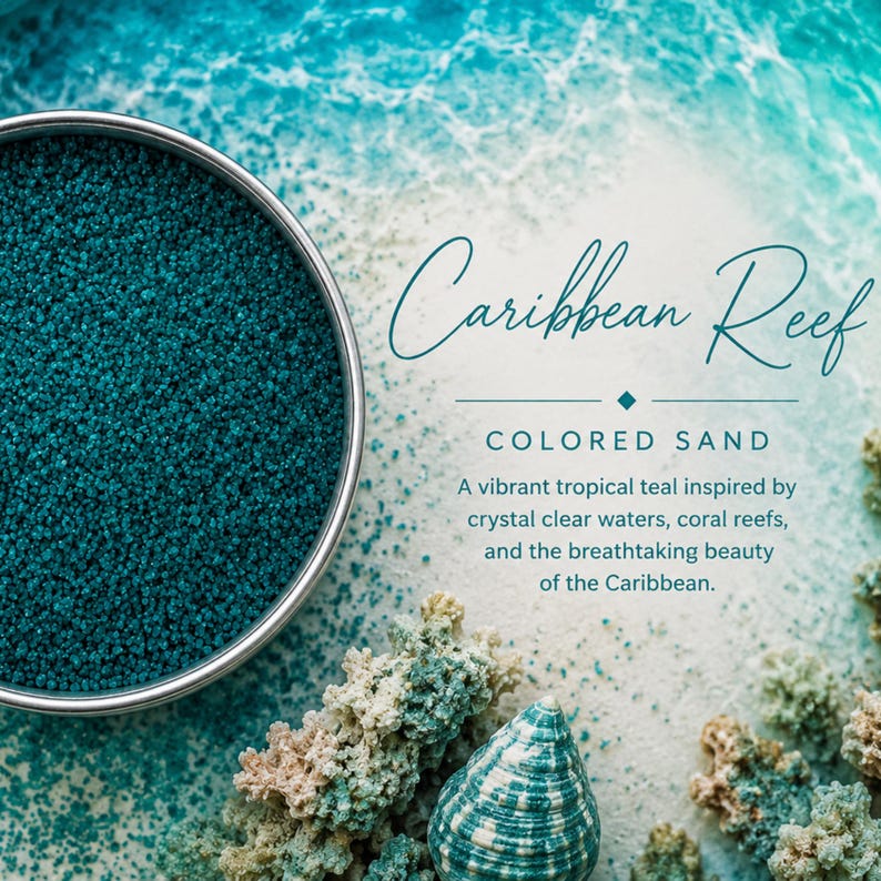 Caribbean Reef colored quartz sand displayed beside a tropical reef-inspired description with seashell and coral imagery