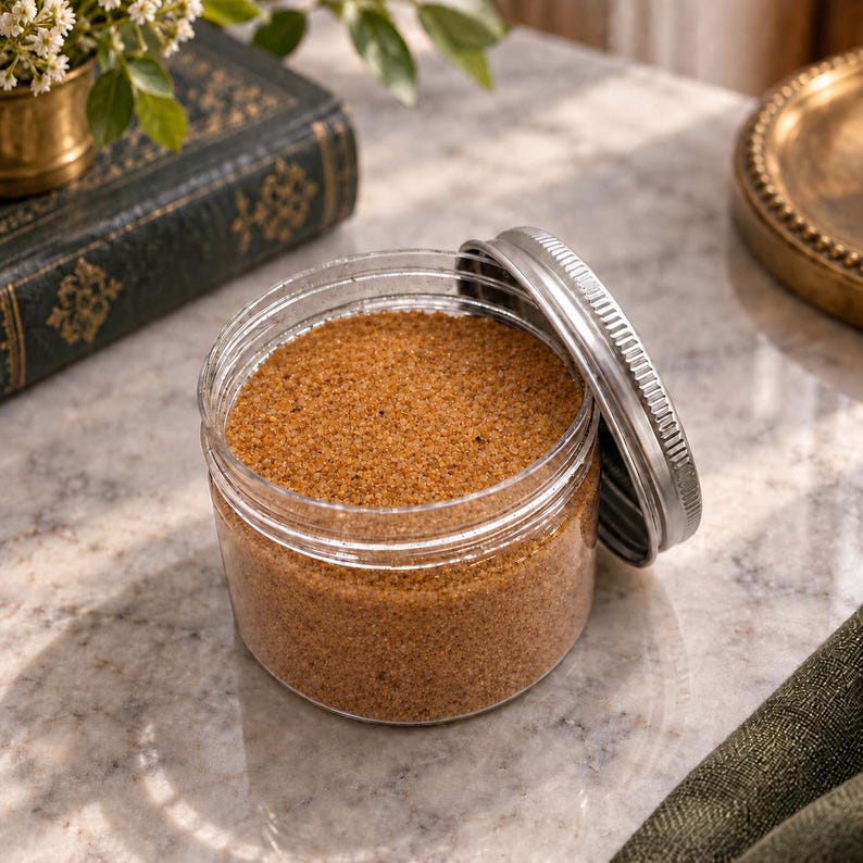Open clear jar of Amber Gold colored quartz sand in a warm golden amber, with the silver metal lid leaning against it, on a marble surface next to an old green book, a small brass vase with white flowers, a brass tray and olive green fabric.