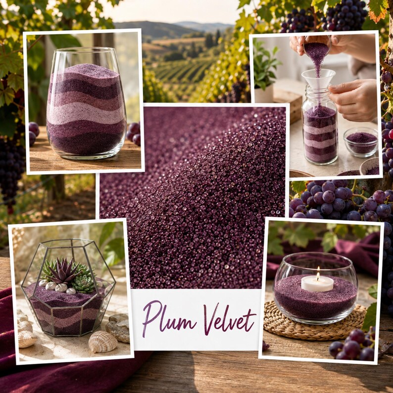 Collage of craft ideas with Plum Velvet purple quartz sand in a vineyard setting with grapes: a vase with wavy plum and lilac layers, sand being poured through a funnel into a jar, a geometric dry terrarium with succulents, a glass candle holder with a tealight, and a close-up of the sand with the color name